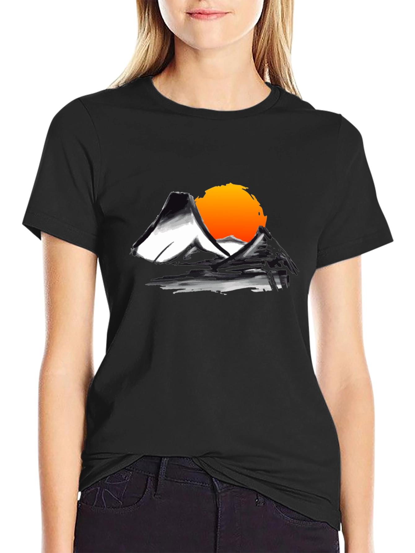 Mountain Sunset Graphic Tee - Black Cotton T-Shirt