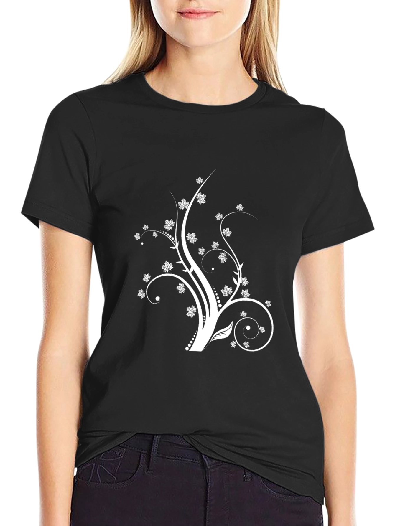 Stylish Black Tee with Floral Design