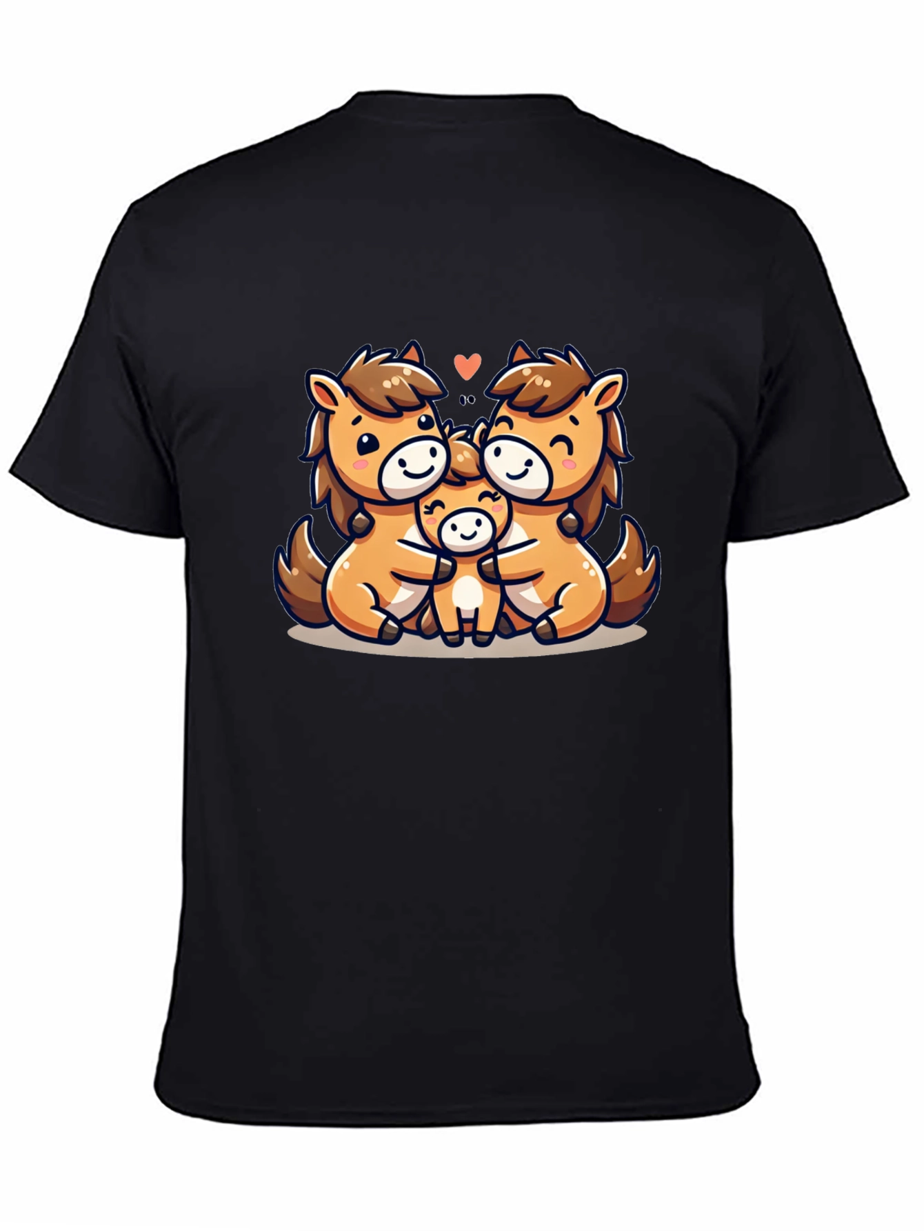 Cute Cartoon Horse Family Black T-Shirt