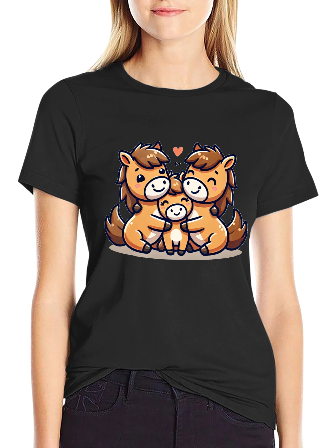 Cute Cartoon Horse Family Black T-Shirt