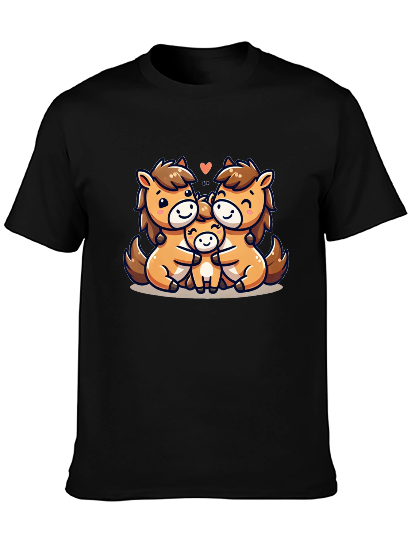 Cute Cartoon Horse Family Black T-Shirt