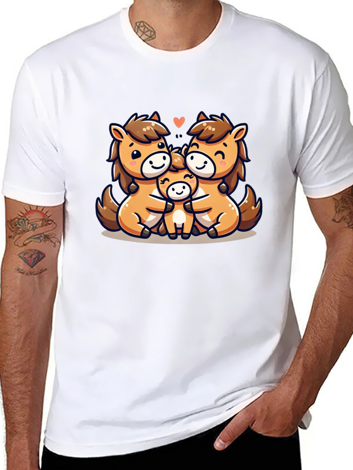 Cute Cartoon Horse Family Black T-Shirt