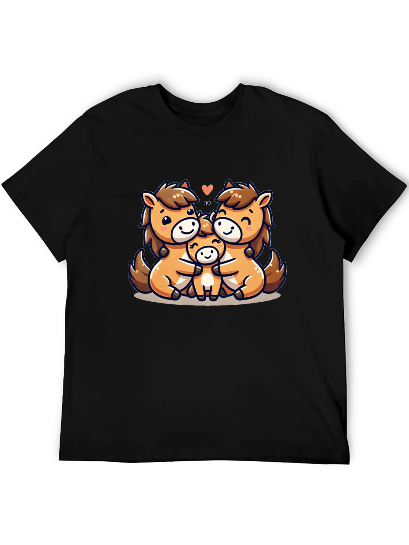 Cute Cartoon Horse Family Black T-Shirt