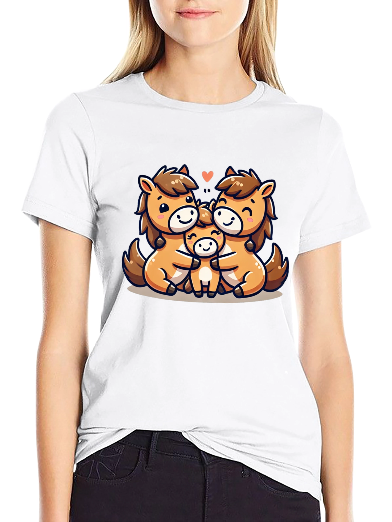 Cute Cartoon Horse Family Black T-Shirt
