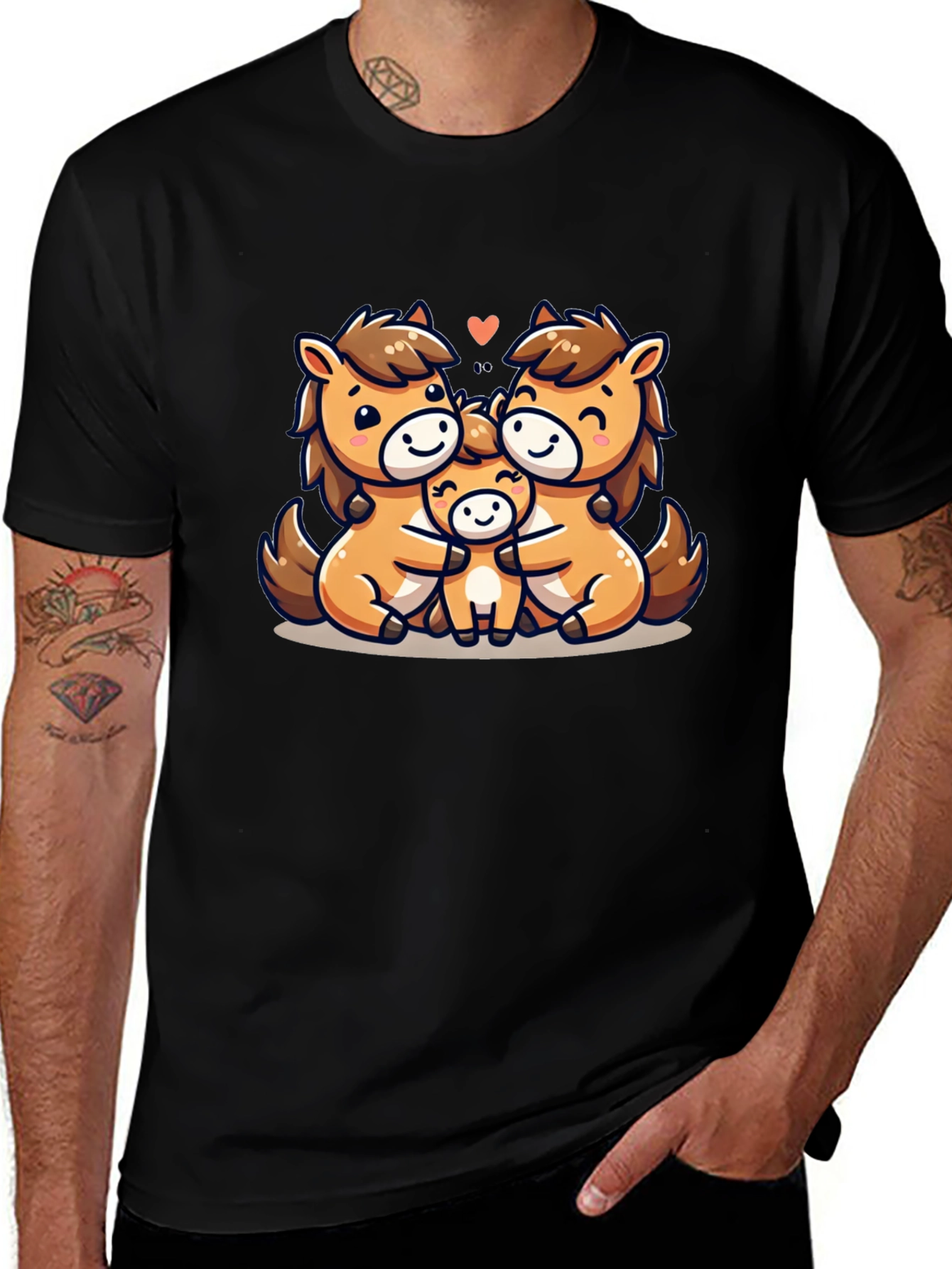 Cute Cartoon Horse Family Black T-Shirt