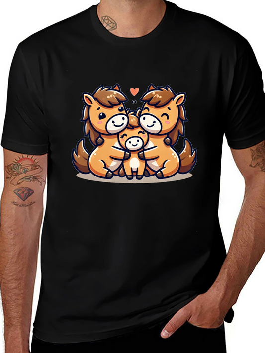 Cute Cartoon Horse Family Black T-Shirt