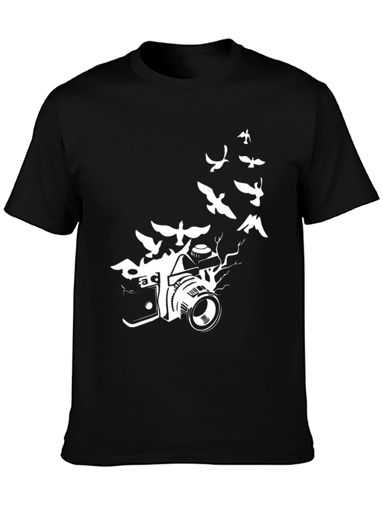 Camera & Birds Graphic Tee - Artistic Black T-Shirt