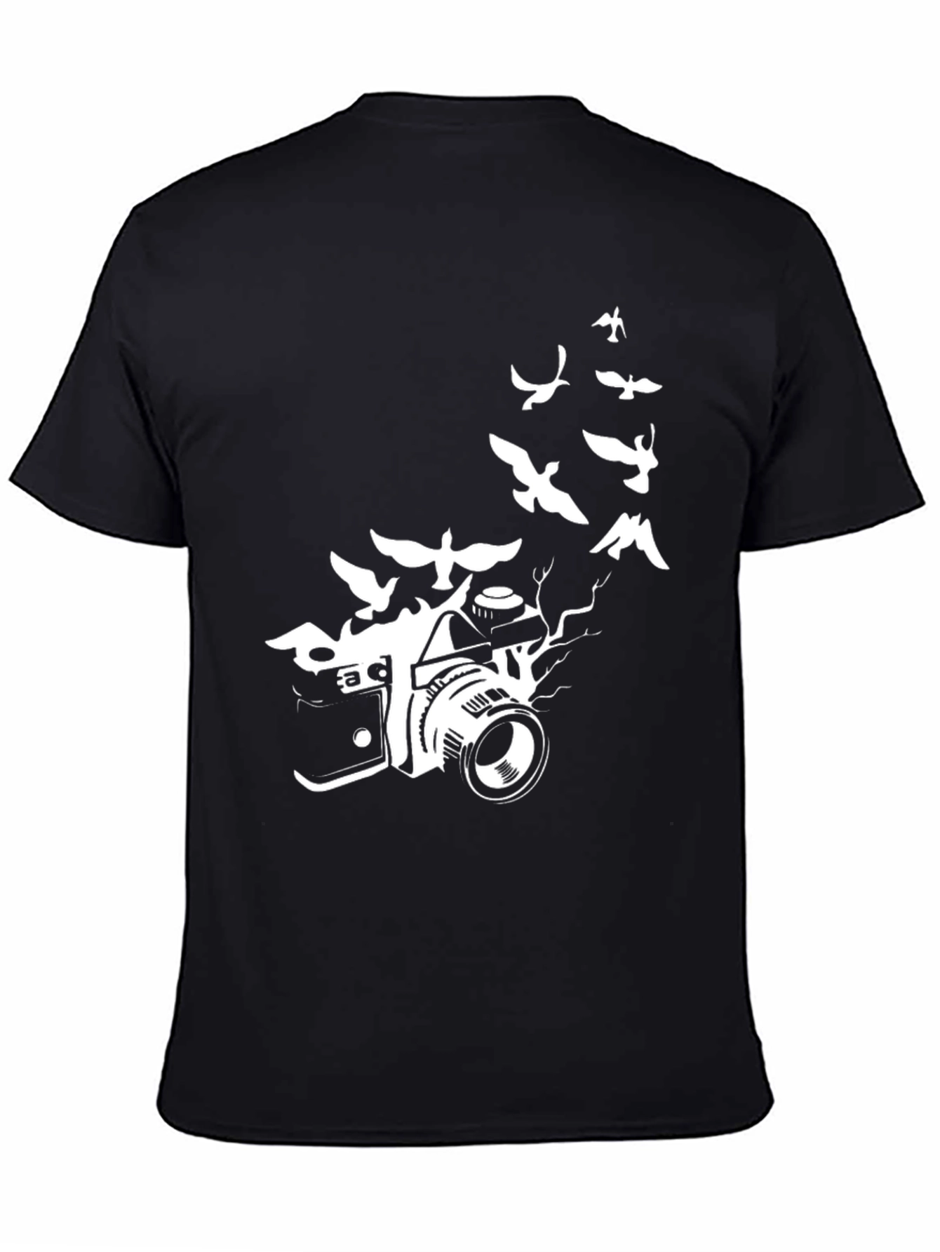 Camera & Birds Graphic Tee - Artistic Black T-Shirt