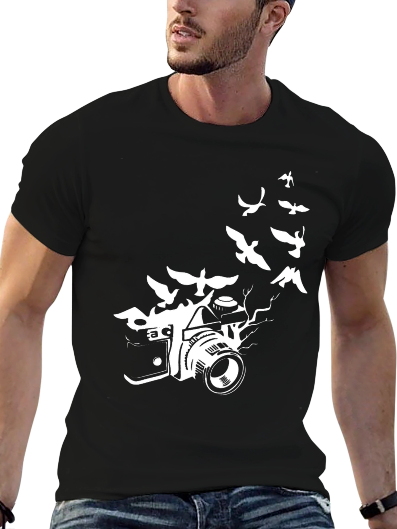 Camera & Birds Graphic Tee - Artistic Black T-Shirt