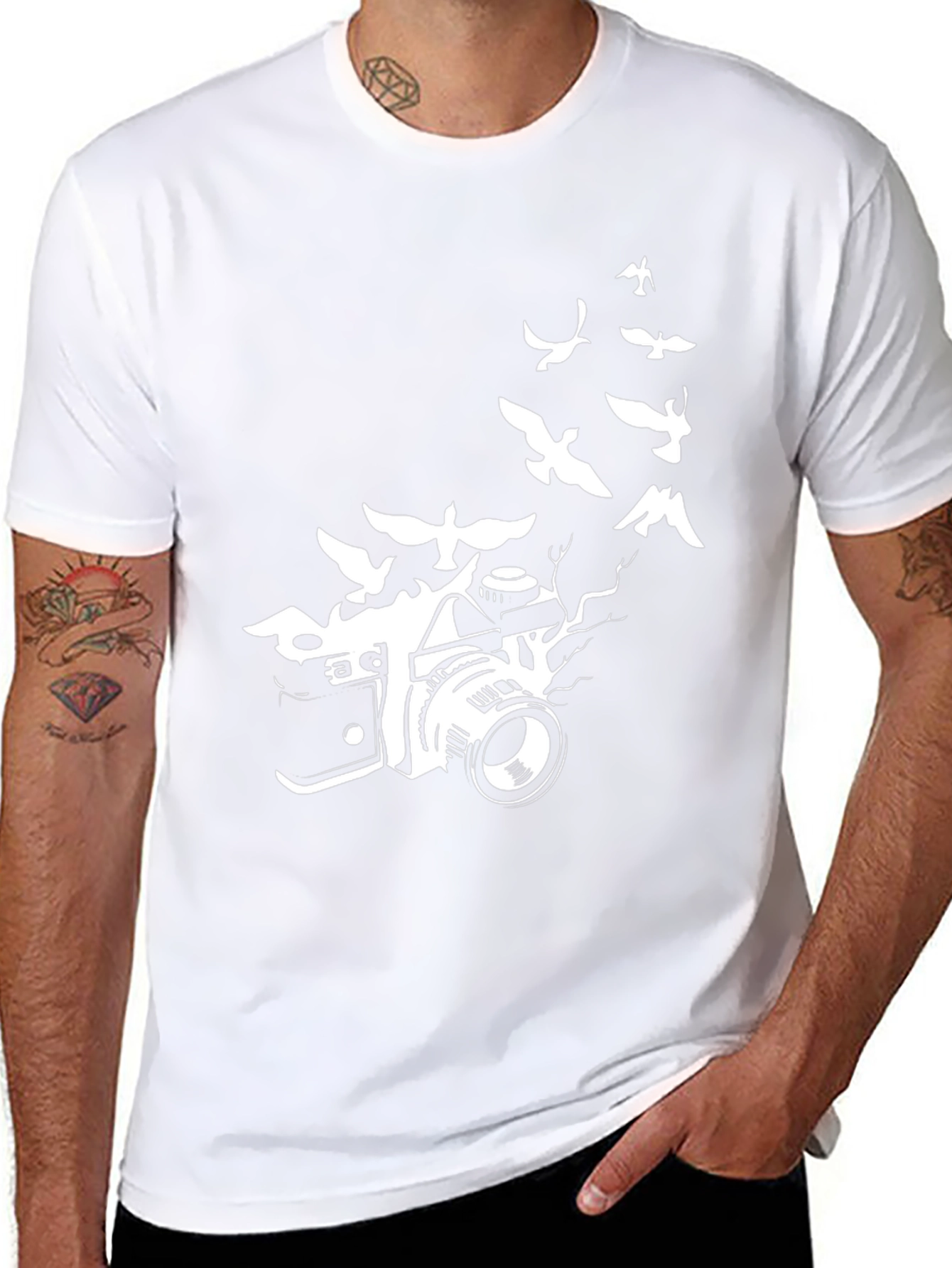 Camera & Birds Graphic Tee - Artistic Black T-Shirt