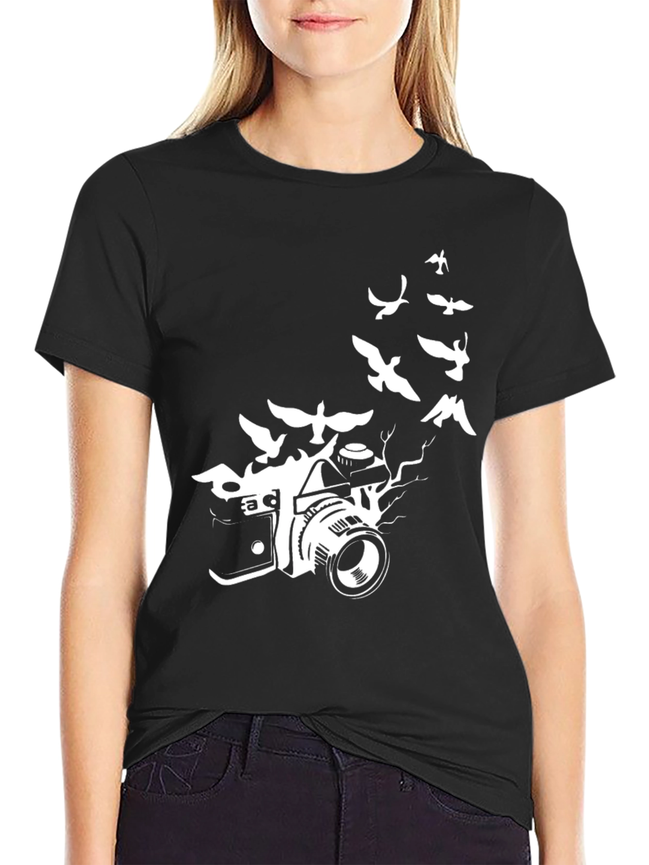 Camera & Birds Graphic Tee - Artistic Black T-Shirt