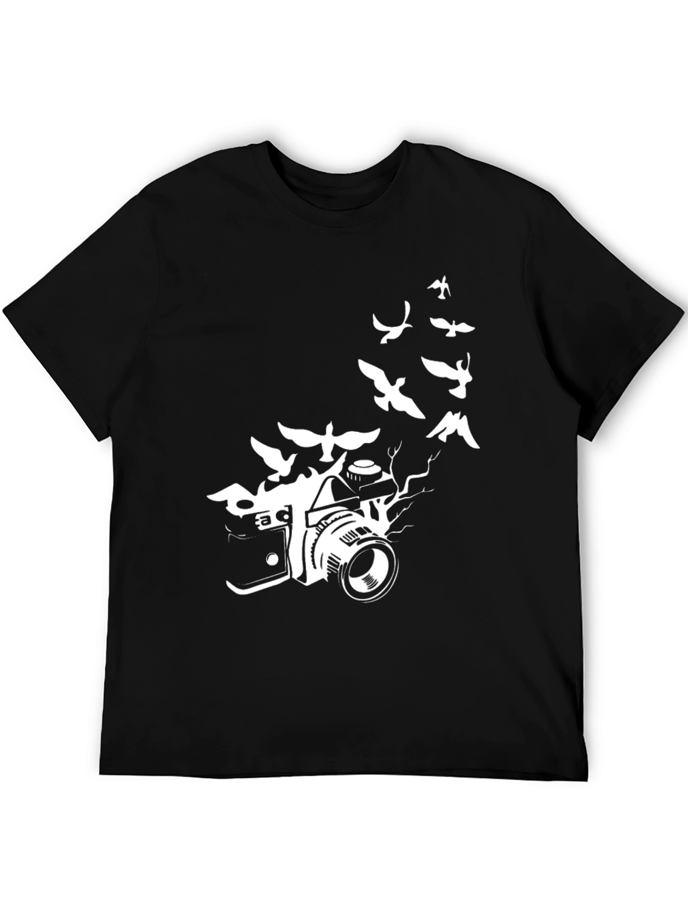 Camera & Birds Graphic Tee - Artistic Black T-Shirt