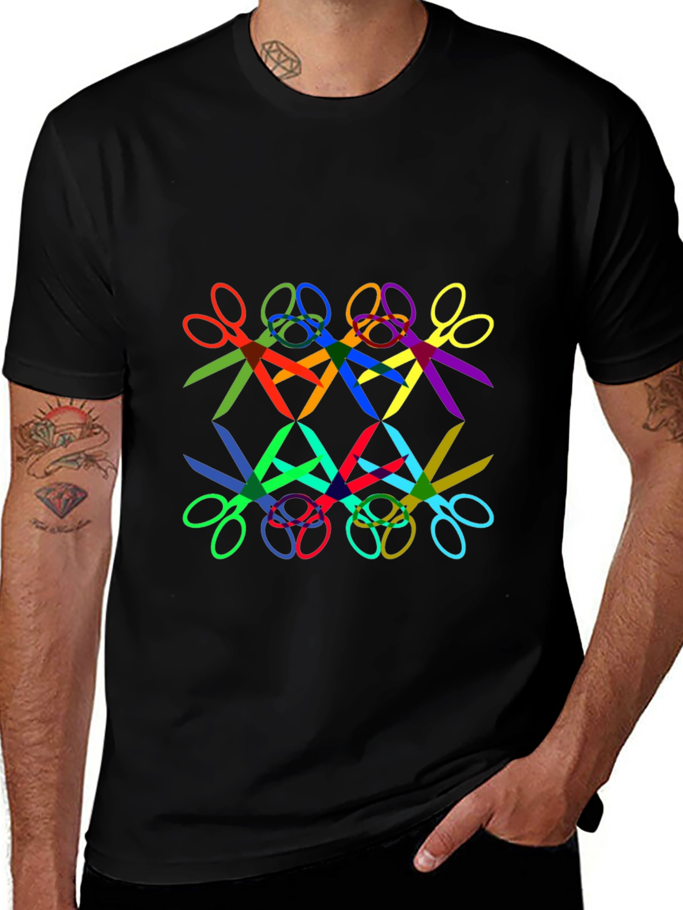 Abstract Geometric Scissors Pattern Black T-Shirt