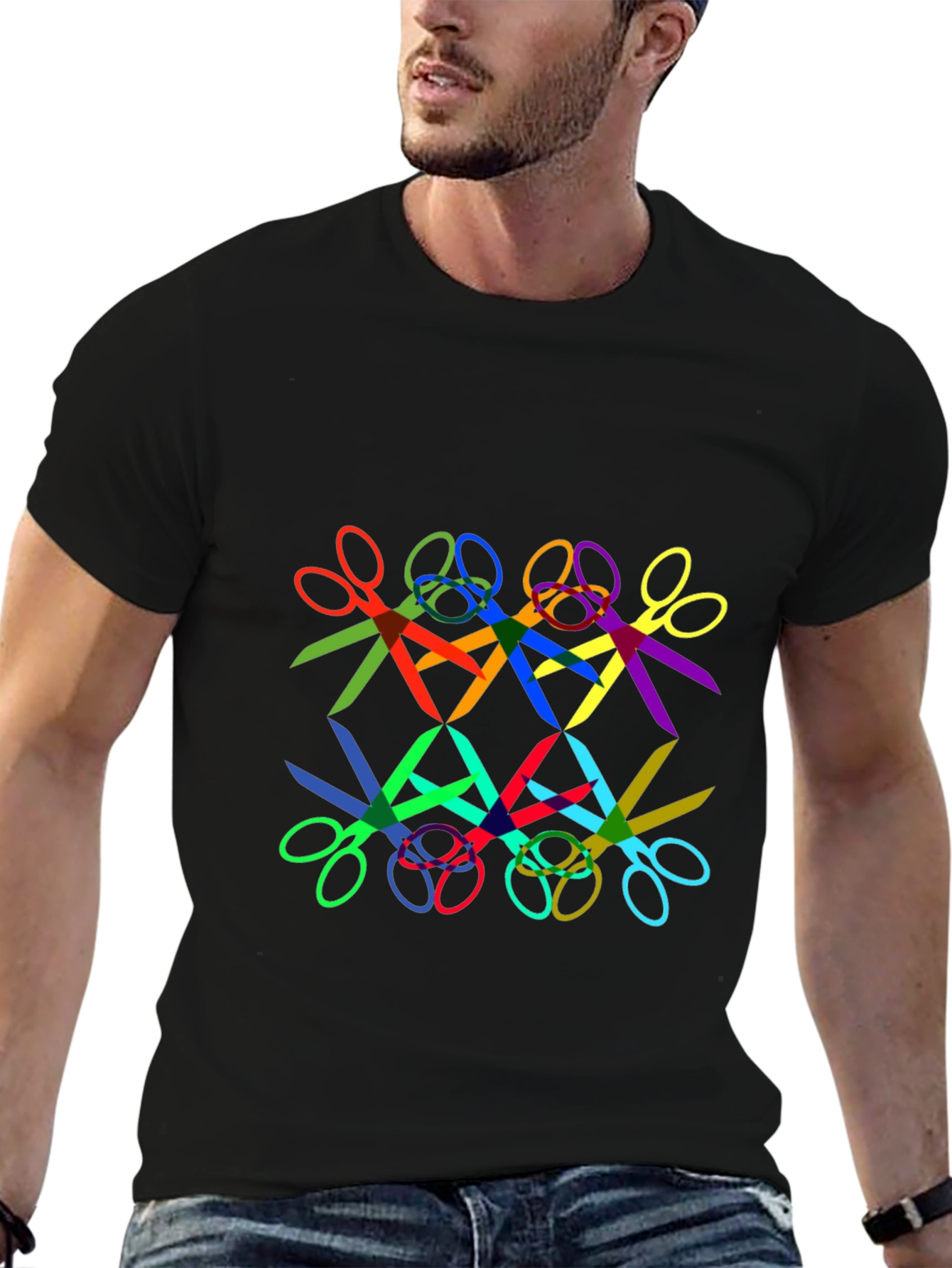 Abstract Geometric Scissors Pattern Black T-Shirt