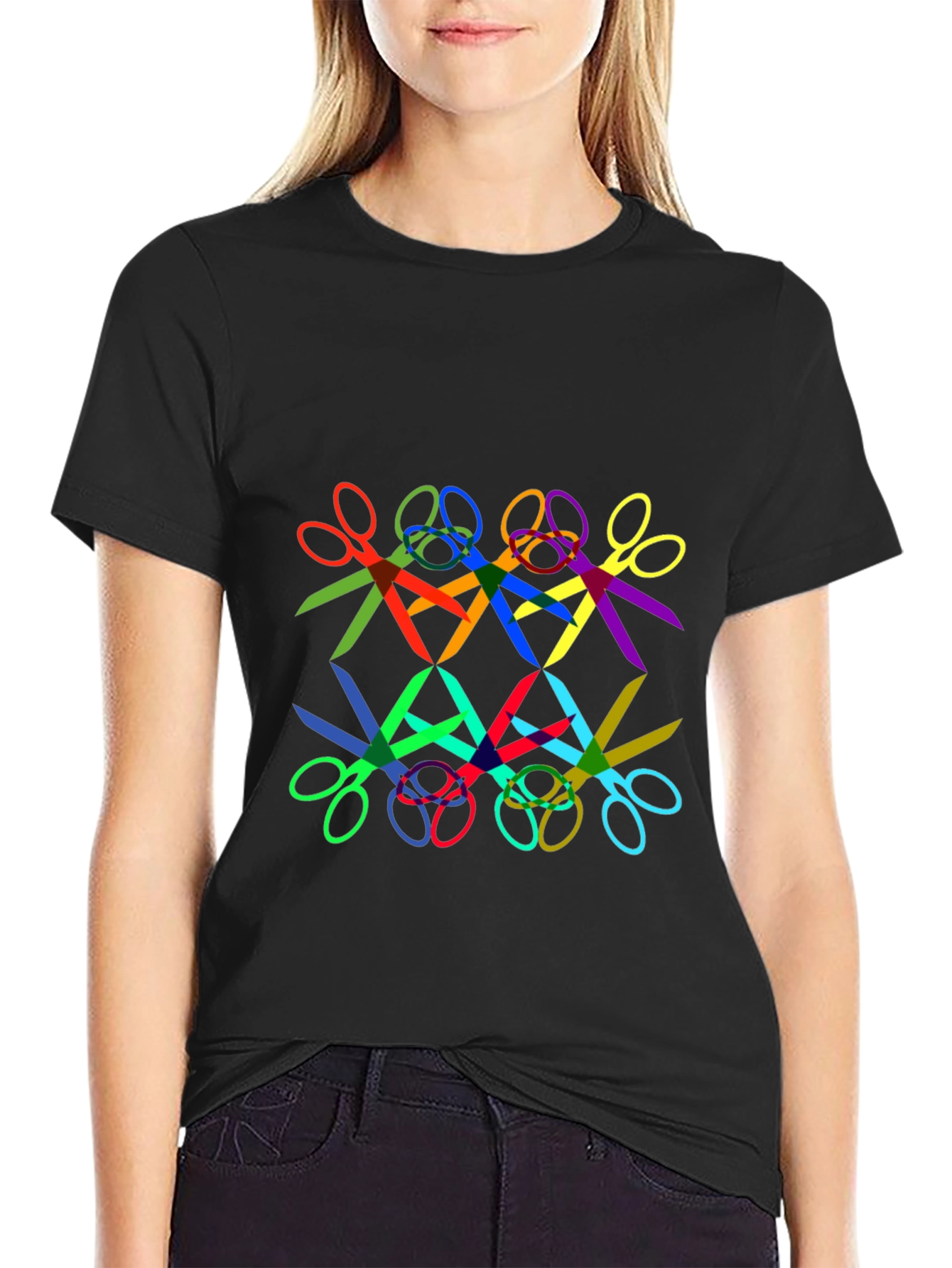Abstract Geometric Scissors Pattern Black T-Shirt