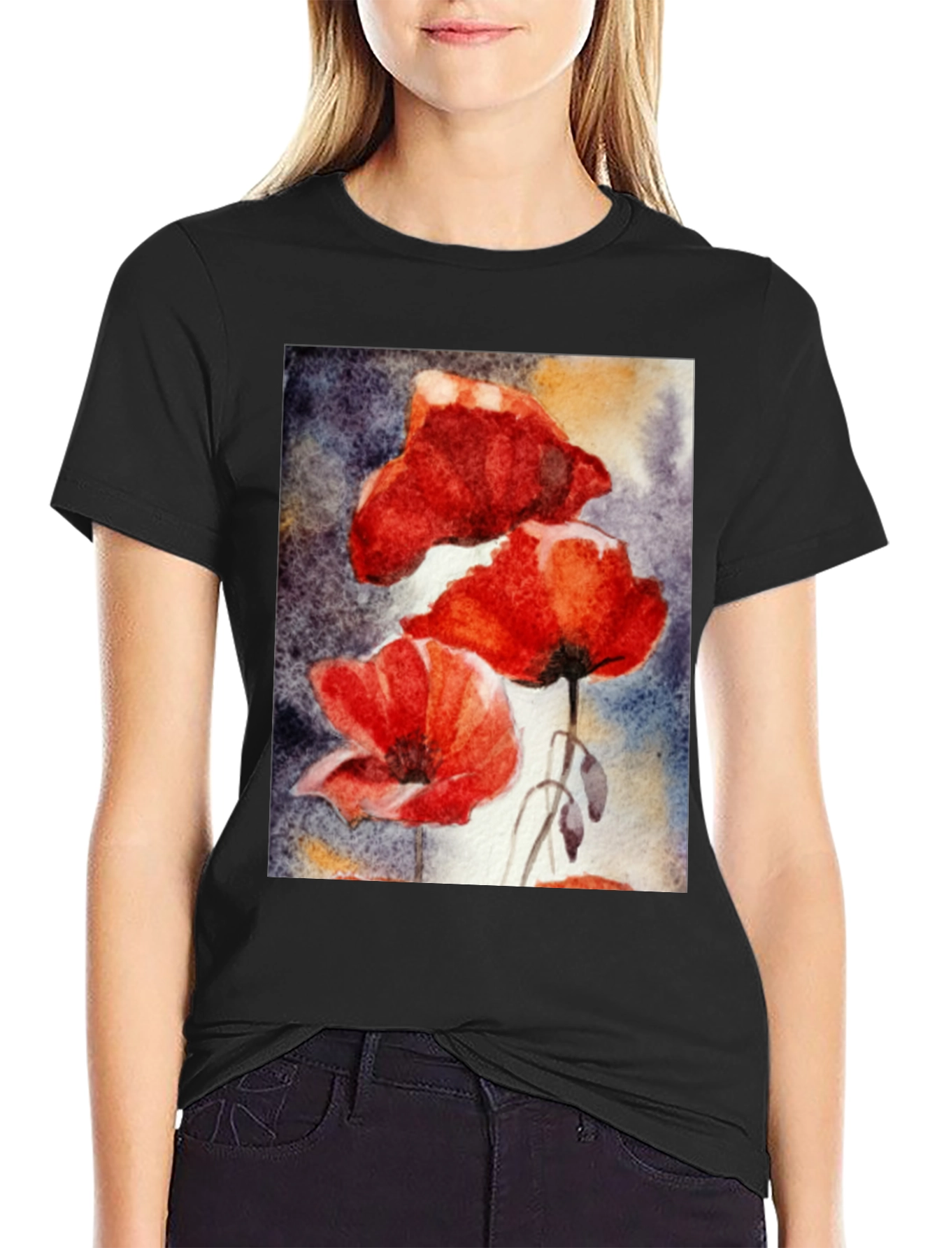 Floral Art Black T-Shirt - Vibrant Poppy Design