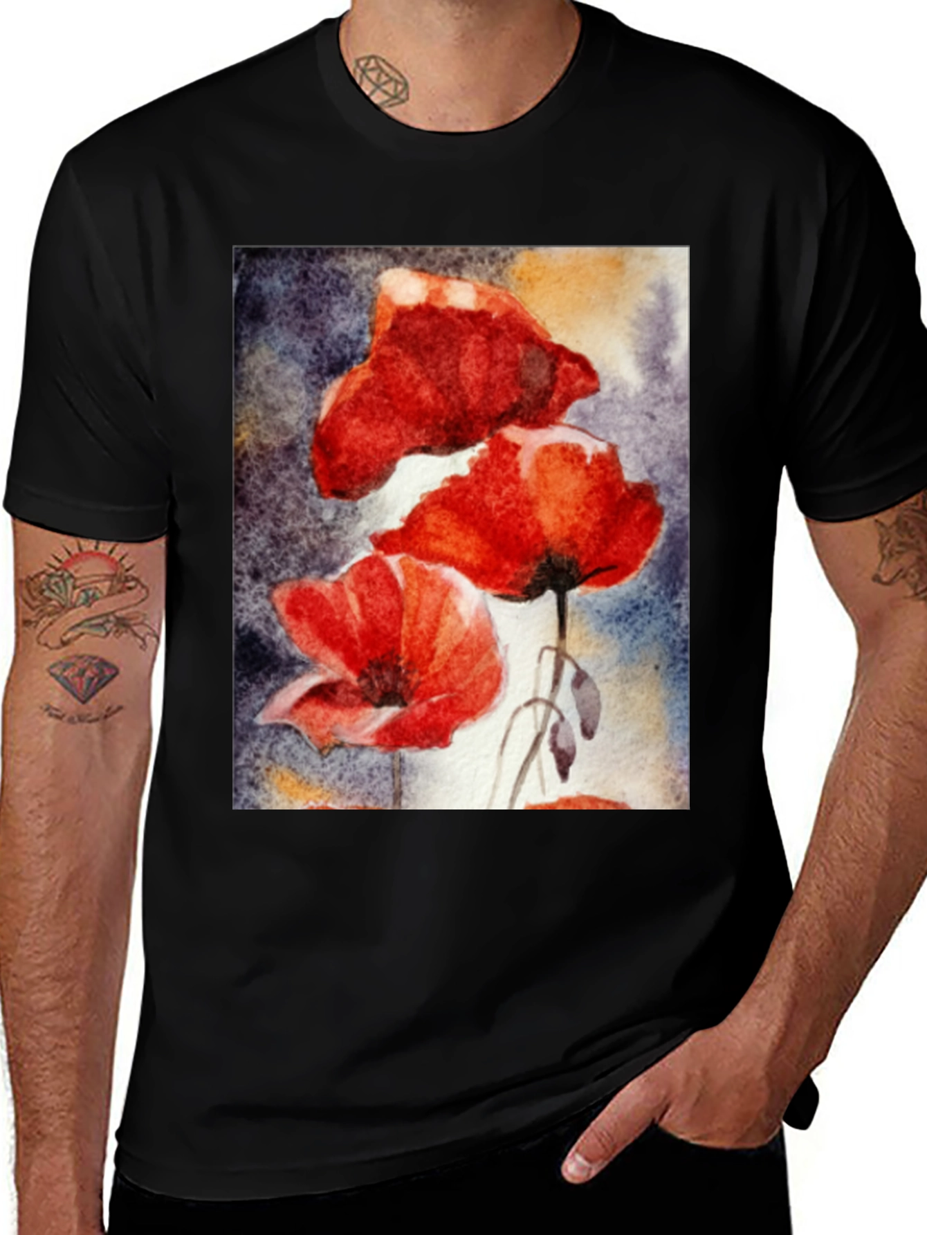 Floral Art Black T-Shirt - Vibrant Poppy Design