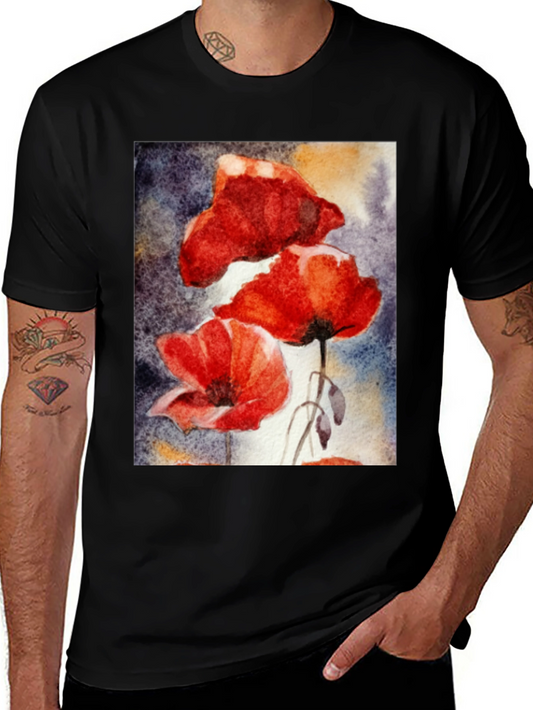 Floral Art Black T-Shirt - Vibrant Poppy Design