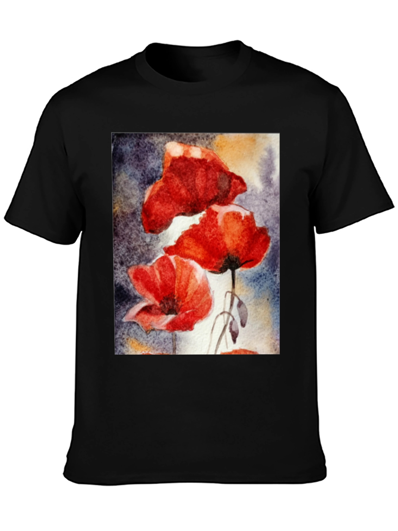 Floral Art Black T-Shirt - Vibrant Poppy Design