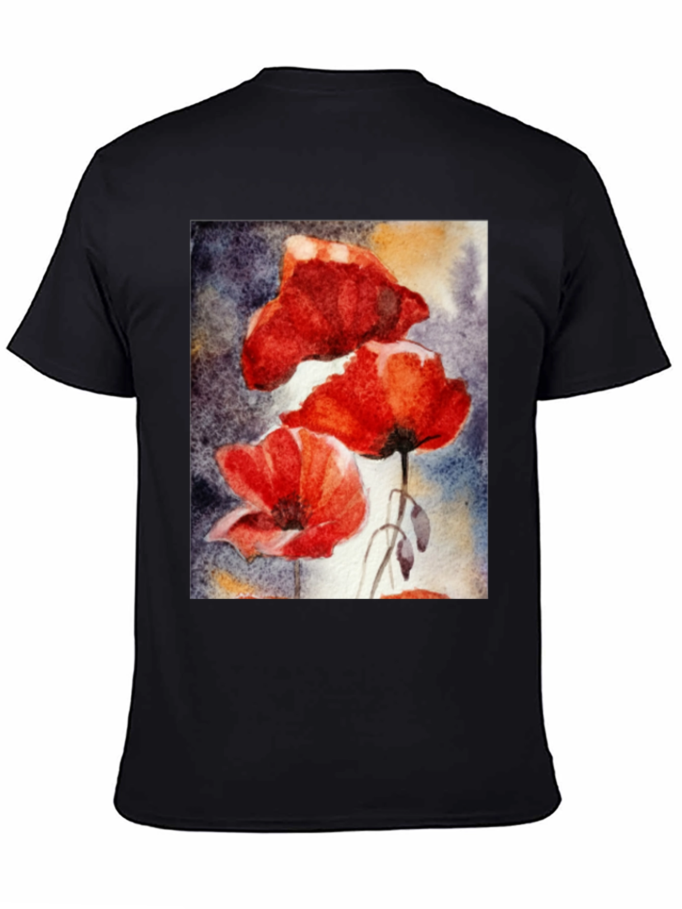 Floral Art Black T-Shirt - Vibrant Poppy Design
