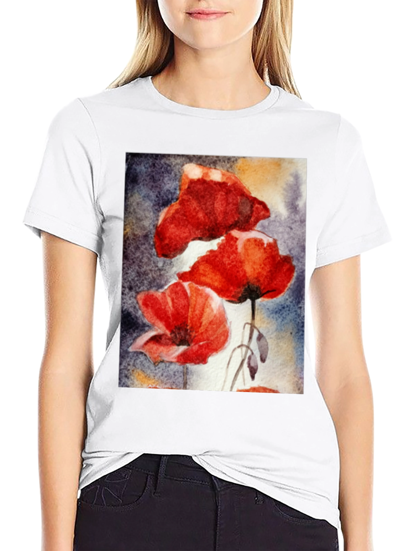 Floral Art Black T-Shirt - Vibrant Poppy Design
