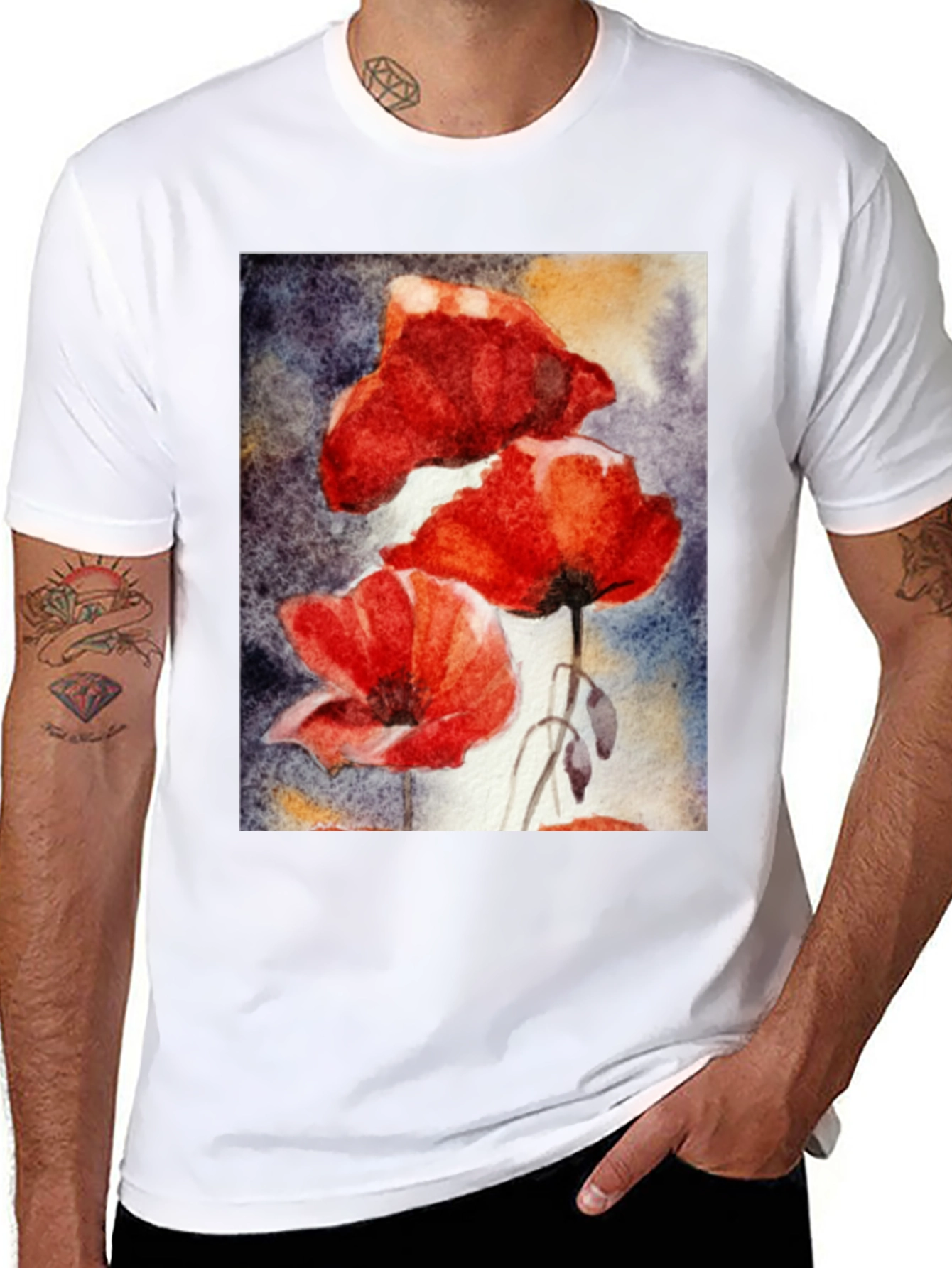 Floral Art Black T-Shirt - Vibrant Poppy Design