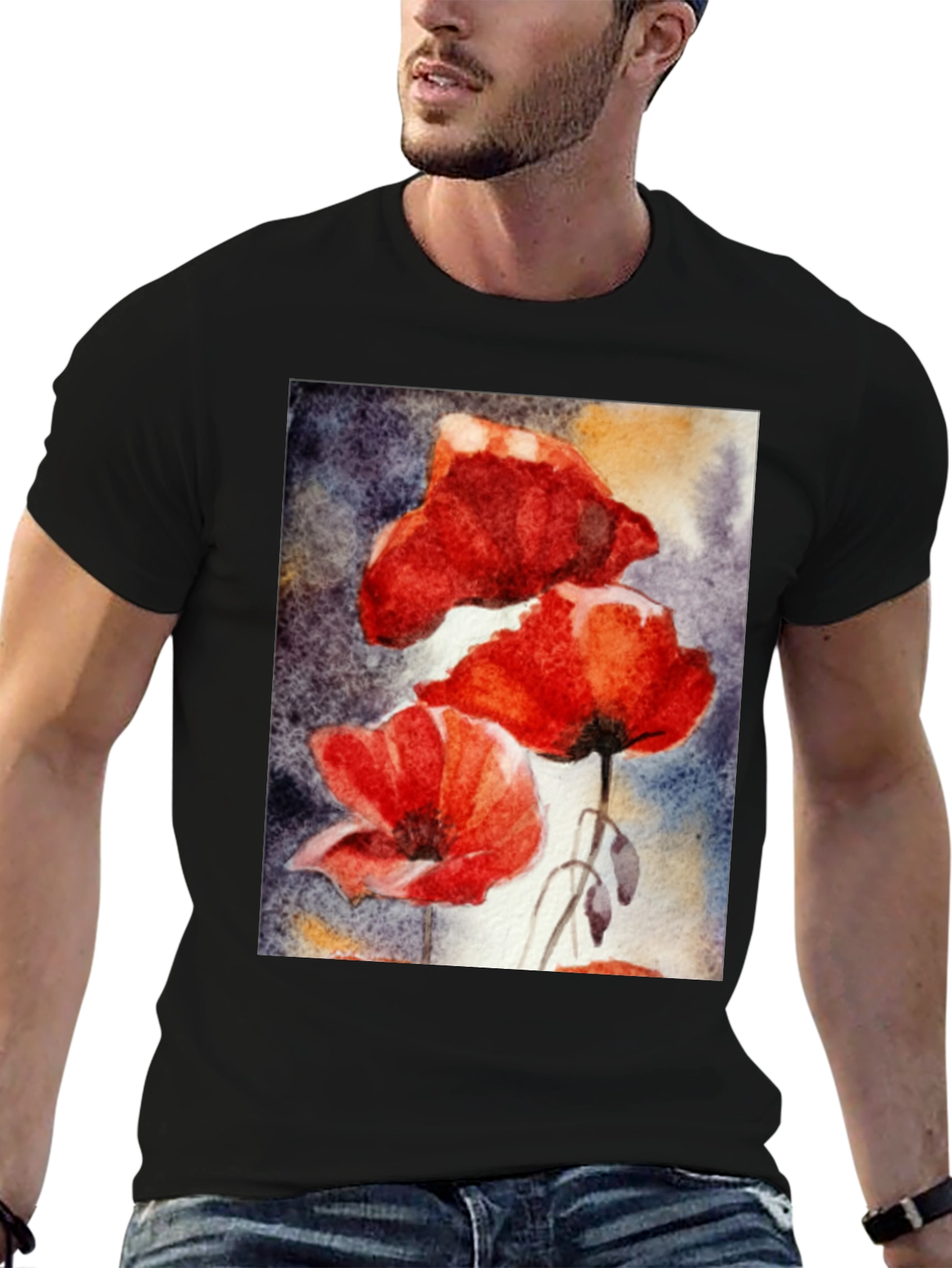 Floral Art Black T-Shirt - Vibrant Poppy Design