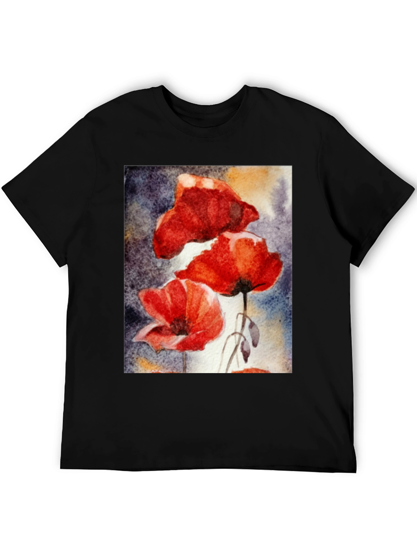 Floral Art Black T-Shirt - Vibrant Poppy Design