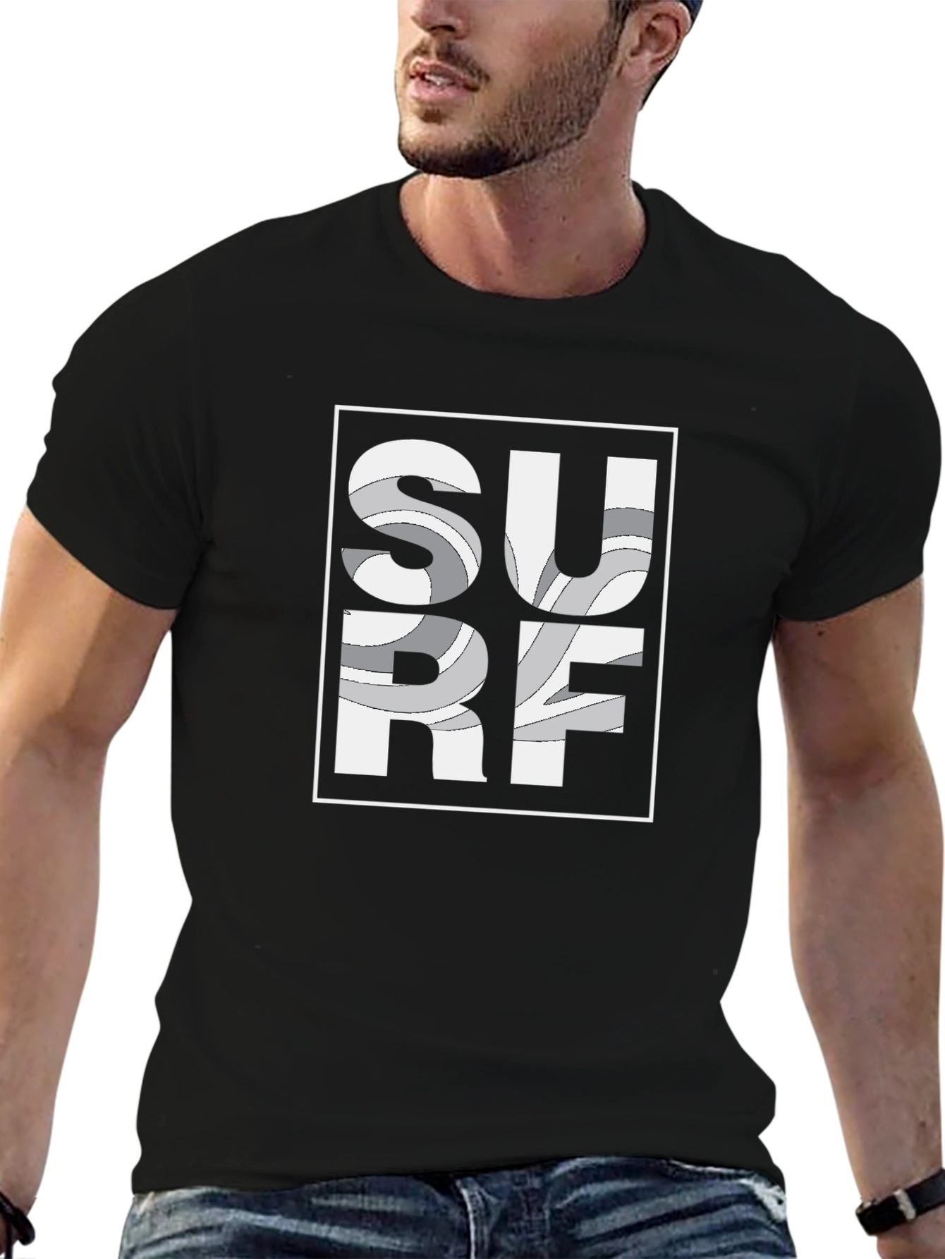 Surf Design Graphic Tee - Black Short Sleeve