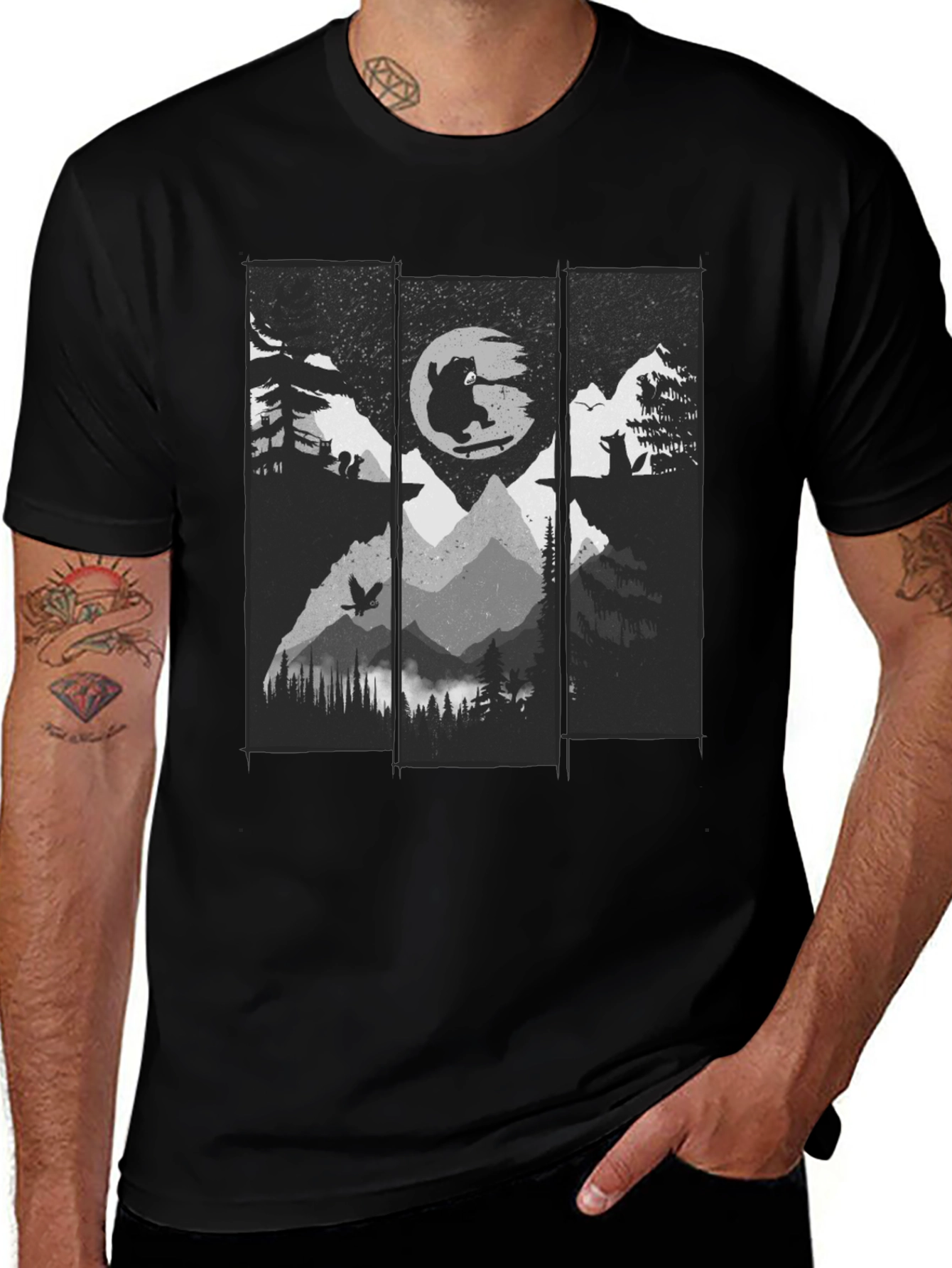 Nature Skateboard Bear Graphic Tee - Black