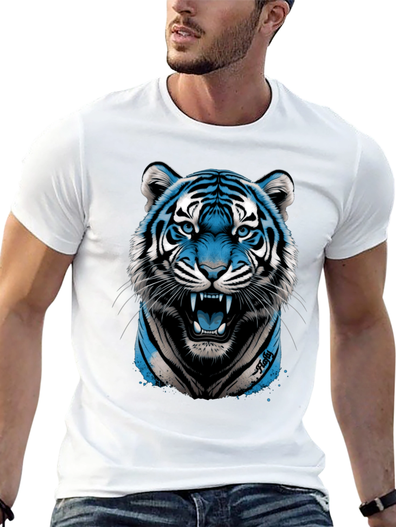 Blue Tiger Graphic Print Black T-Shirt