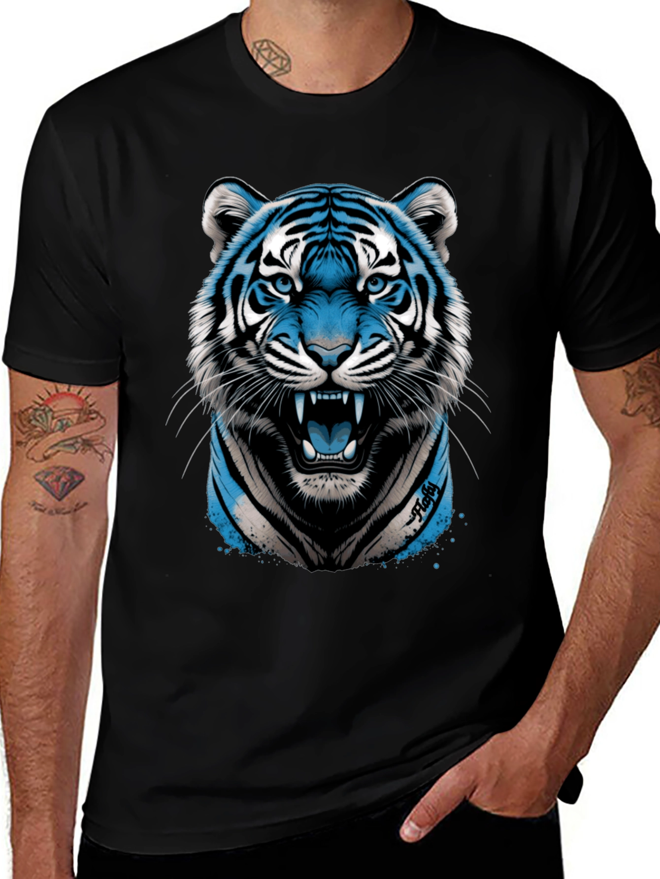 Blue Tiger Graphic Print Black T-Shirt