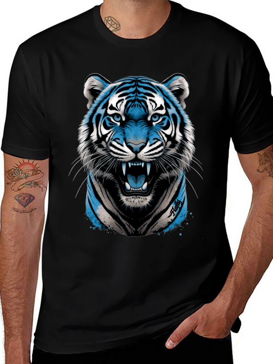 Blue Tiger Graphic Print Black T-Shirt