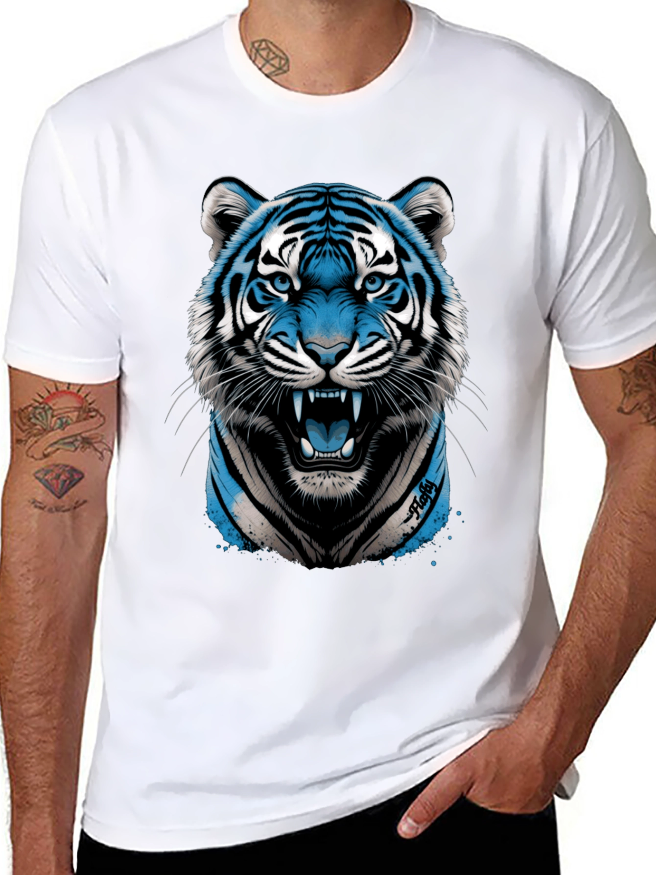 Blue Tiger Graphic Print Black T-Shirt