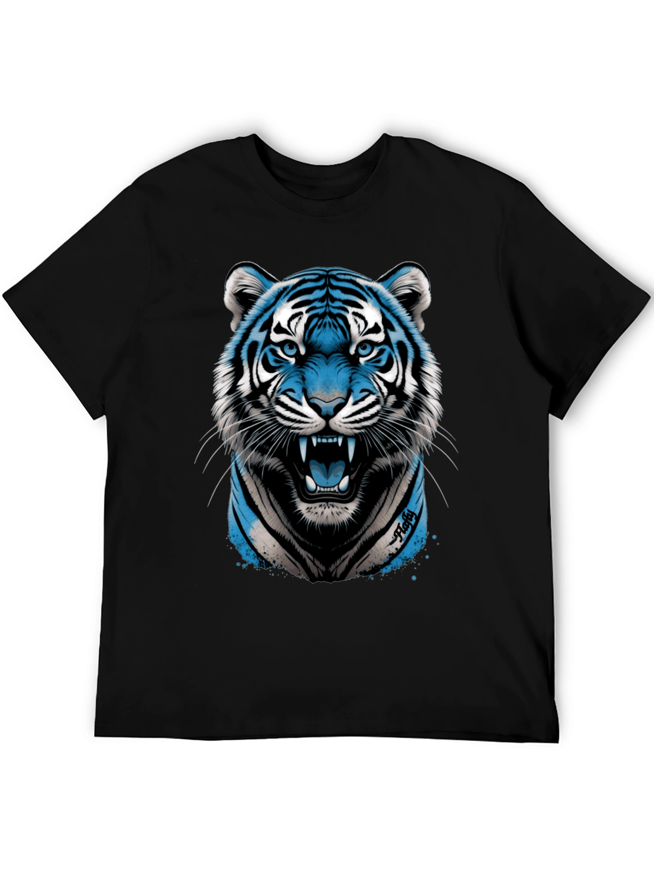 Blue Tiger Graphic Print Black T-Shirt