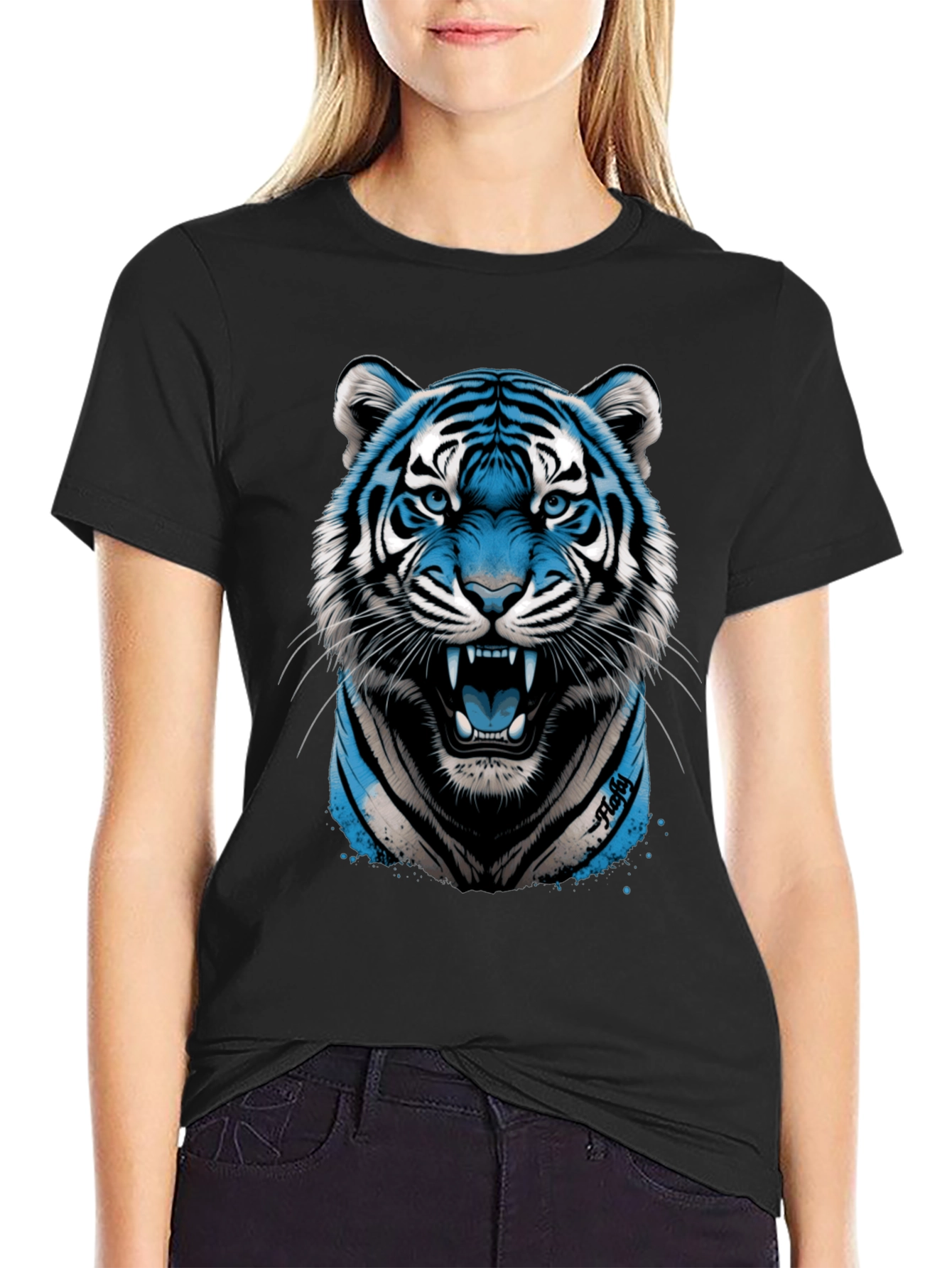 Blue Tiger Graphic Print Black T-Shirt