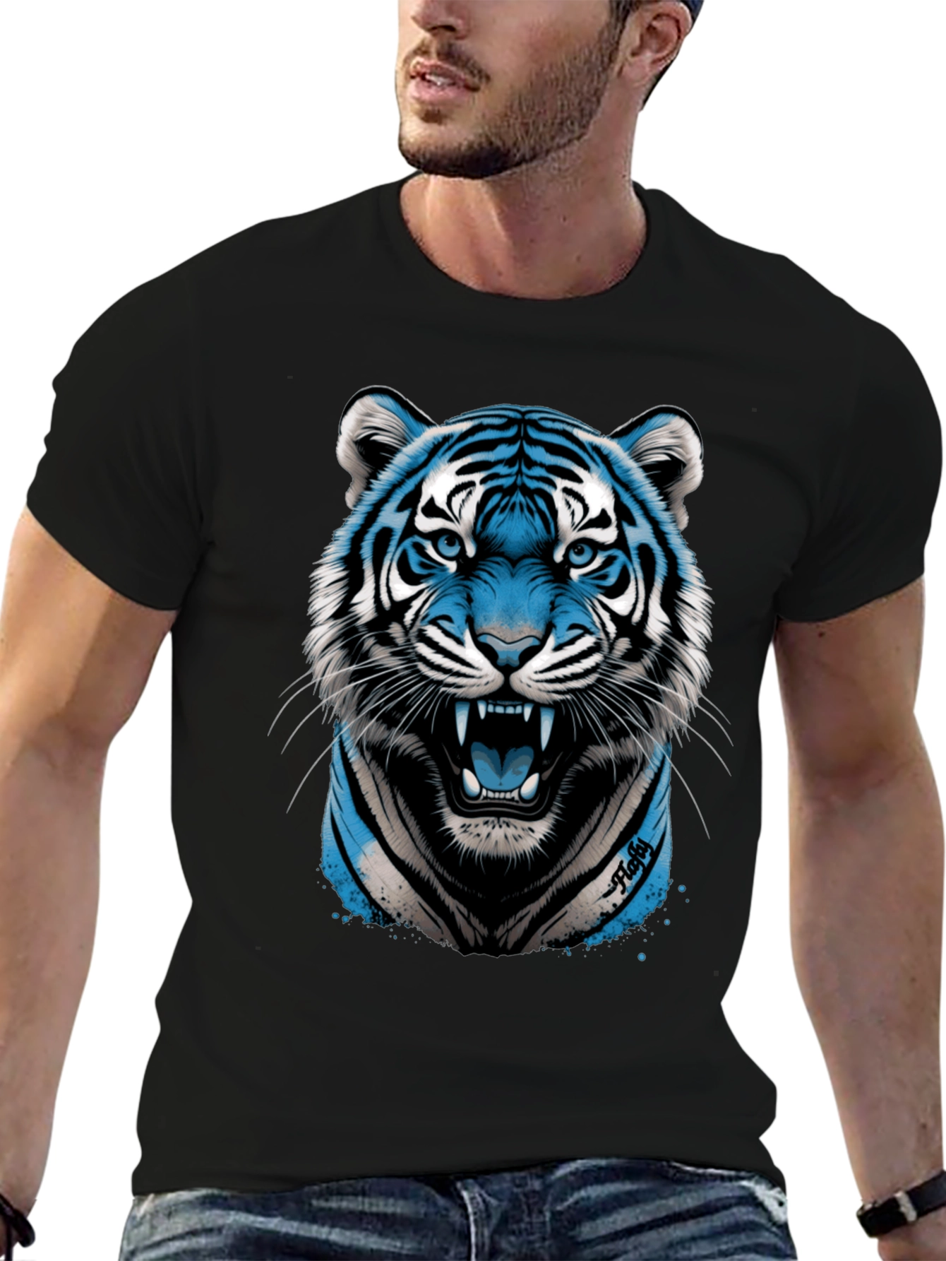 Blue Tiger Graphic Print Black T-Shirt