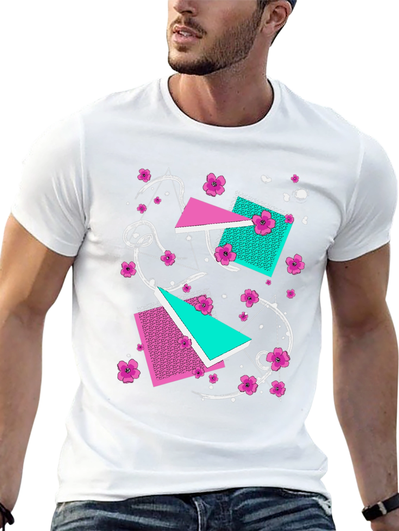 Vaporwave Floral Geometric Graphic T-Shirt