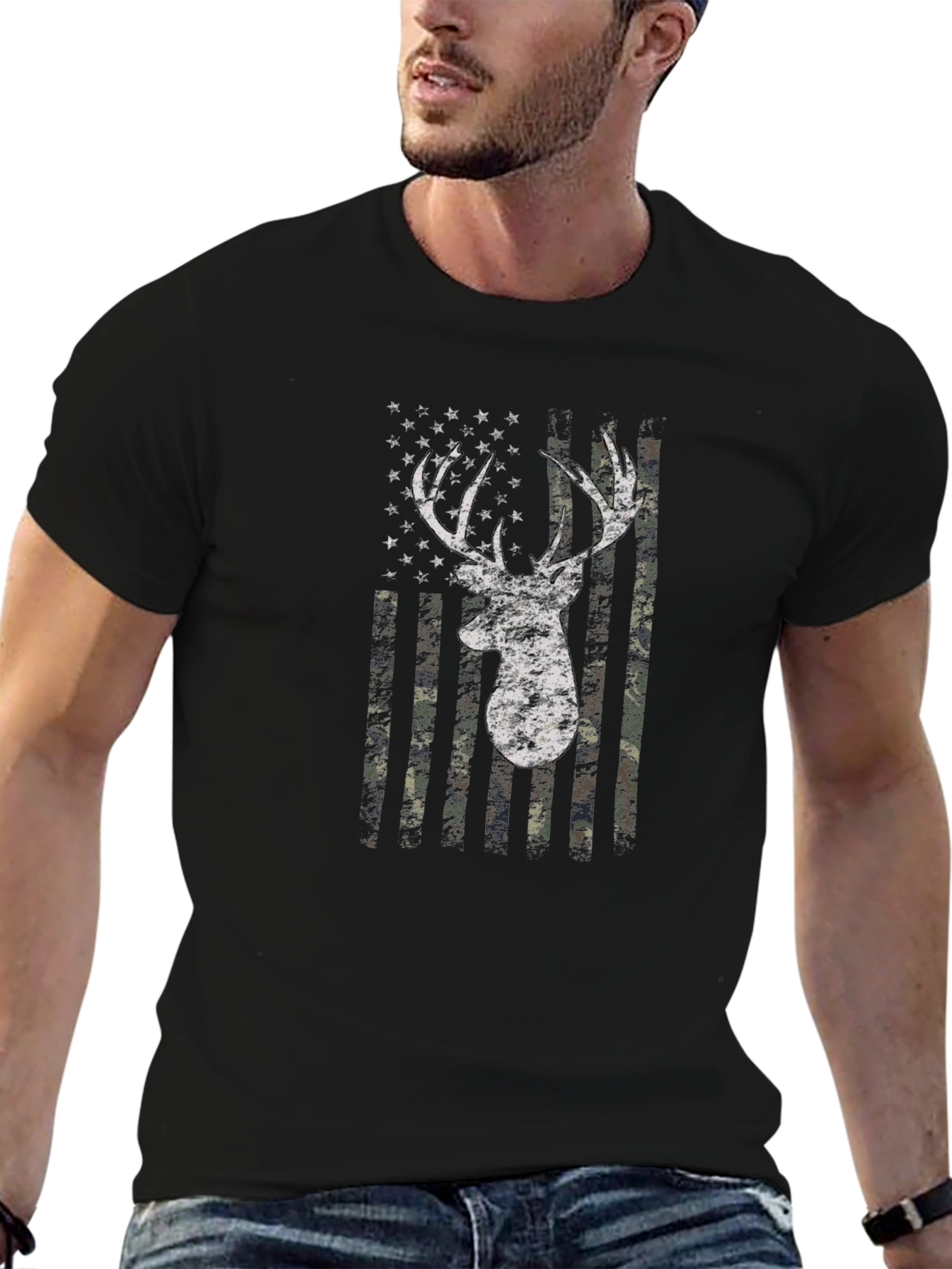 Deer Camo Flag Graphic Print T-Shirt