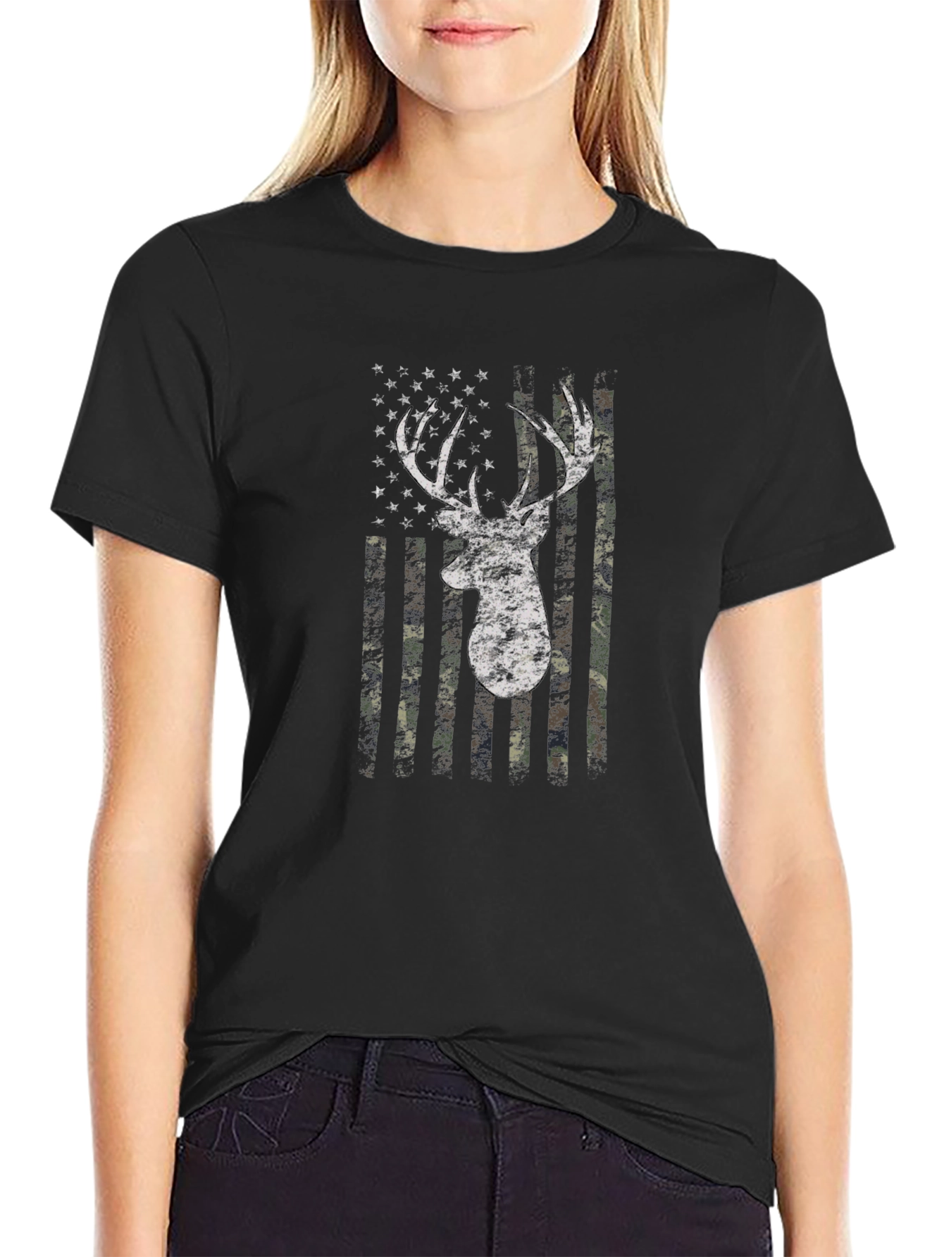Deer Camo Flag Graphic Print T-Shirt