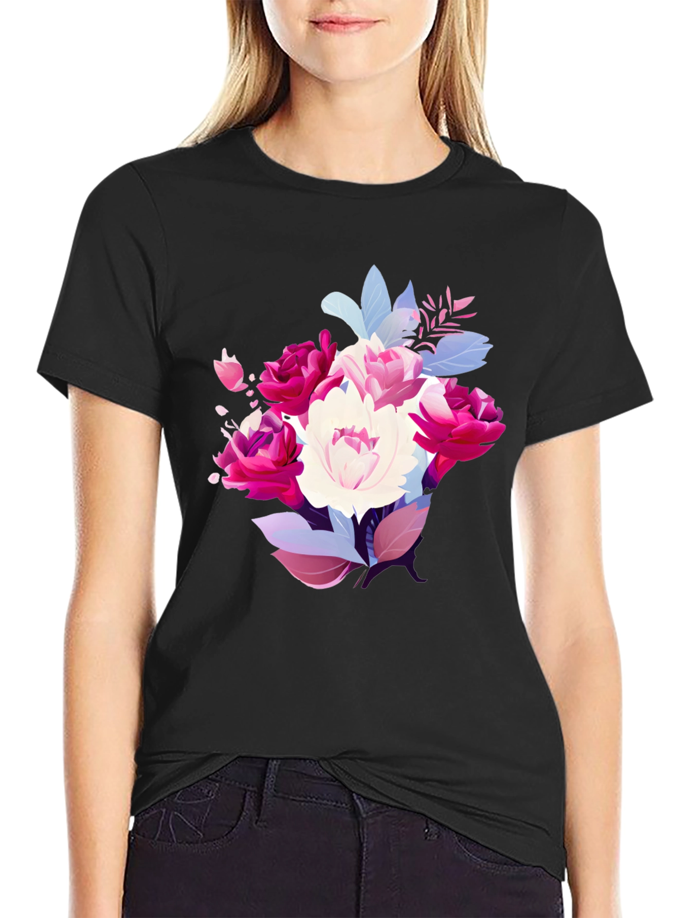 Floral Bouquet Graphic Tee - Stylish Black T-Shirt