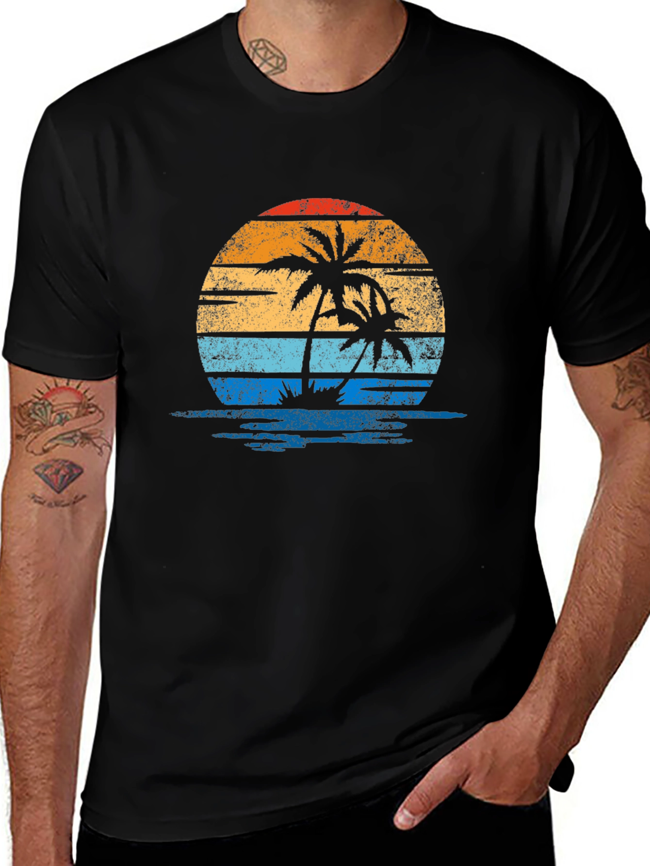 Retro Palm Tree Sunset Graphic Tee - Black