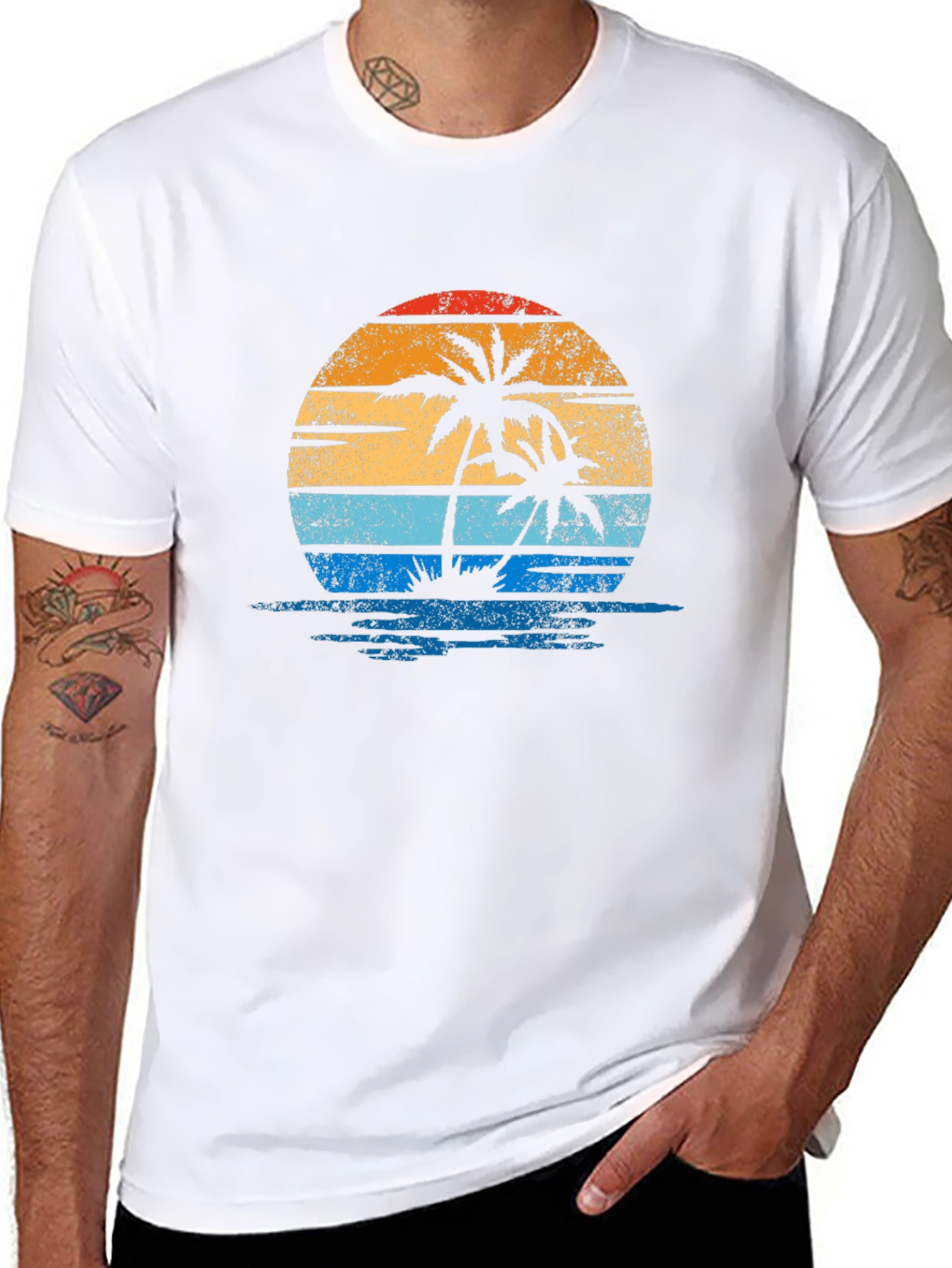 Retro Palm Tree Sunset Graphic Tee - Black