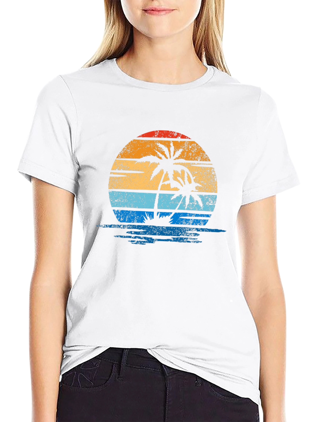 Retro Palm Tree Sunset Graphic Tee - Black
