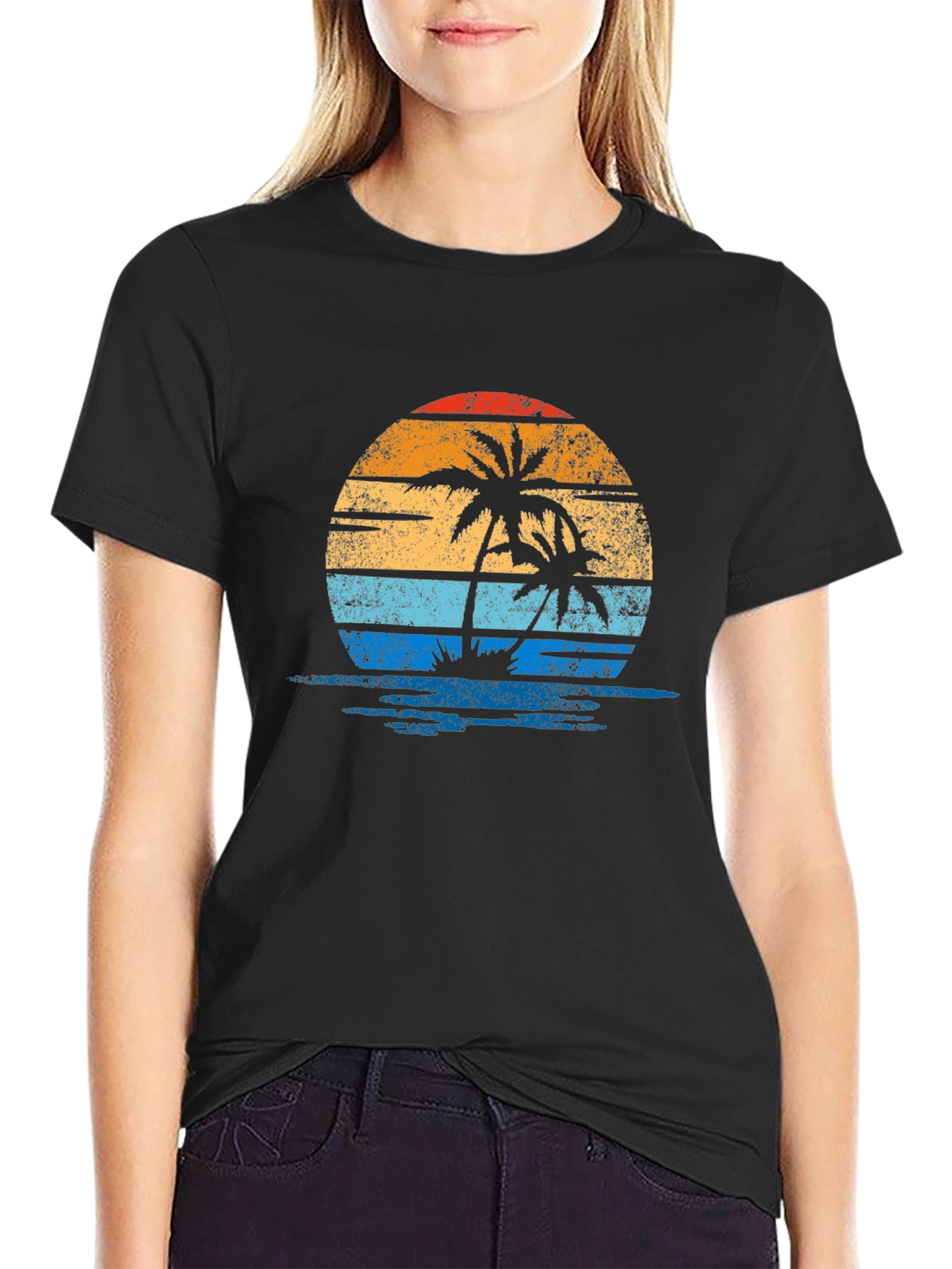 Retro Palm Tree Sunset Graphic Tee - Black