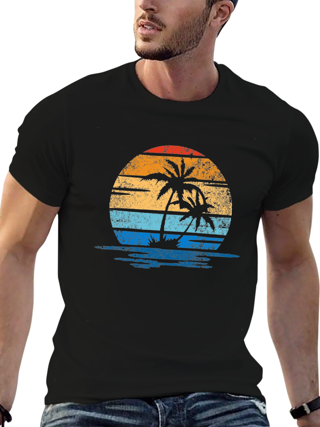 Retro Palm Tree Sunset Graphic Tee - Black