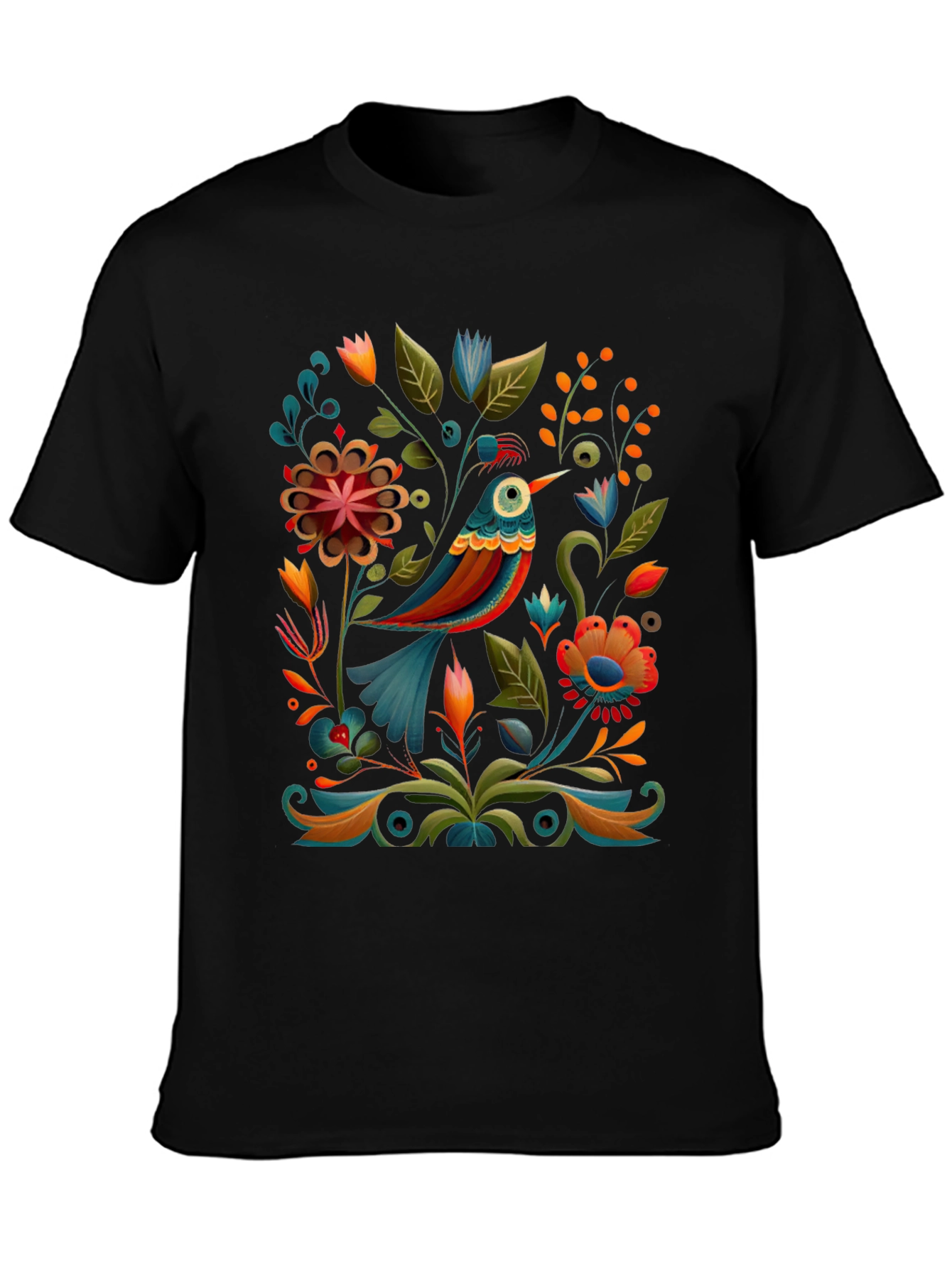 Floral Bird Graphic Tee - Stylish Black T-Shirt