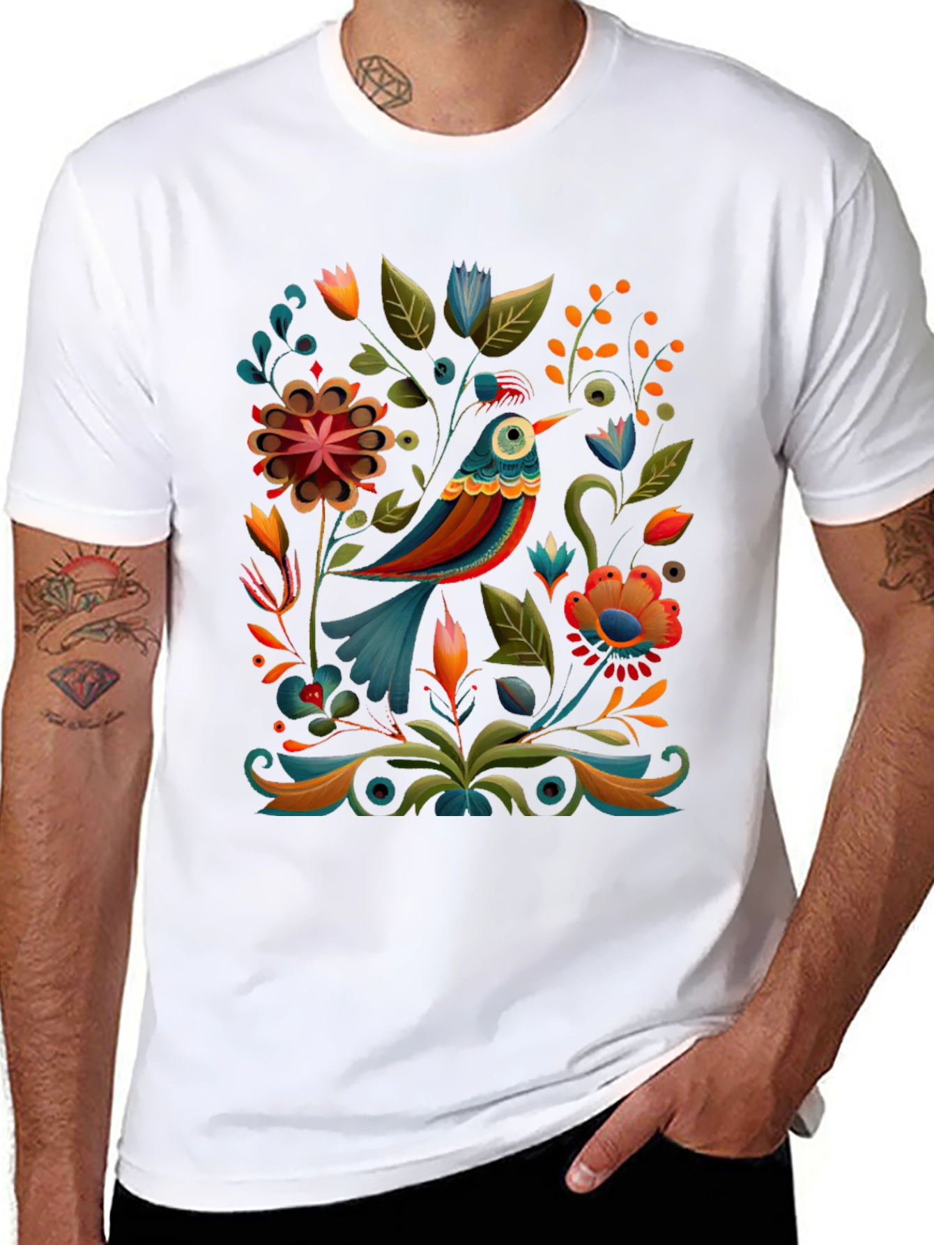 Floral Bird Graphic Tee - Stylish Black T-Shirt