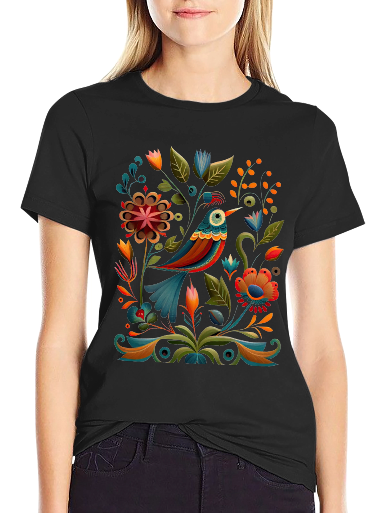 Floral Bird Graphic Tee - Stylish Black T-Shirt