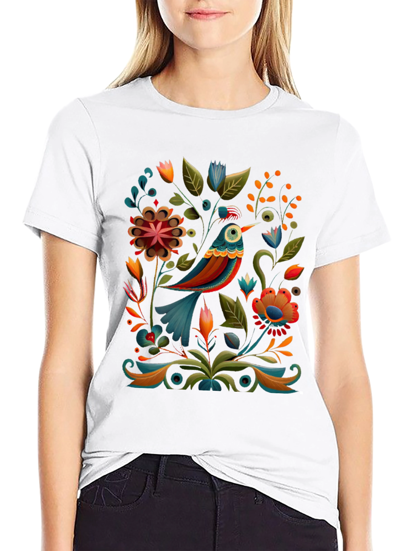 Floral Bird Graphic Tee - Stylish Black T-Shirt
